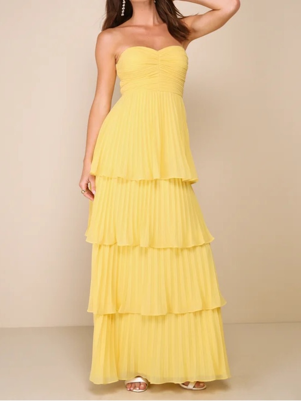 Lulus Seriously Sensational Yellow Strapless Tiered Maxi Dress, Women’s Large